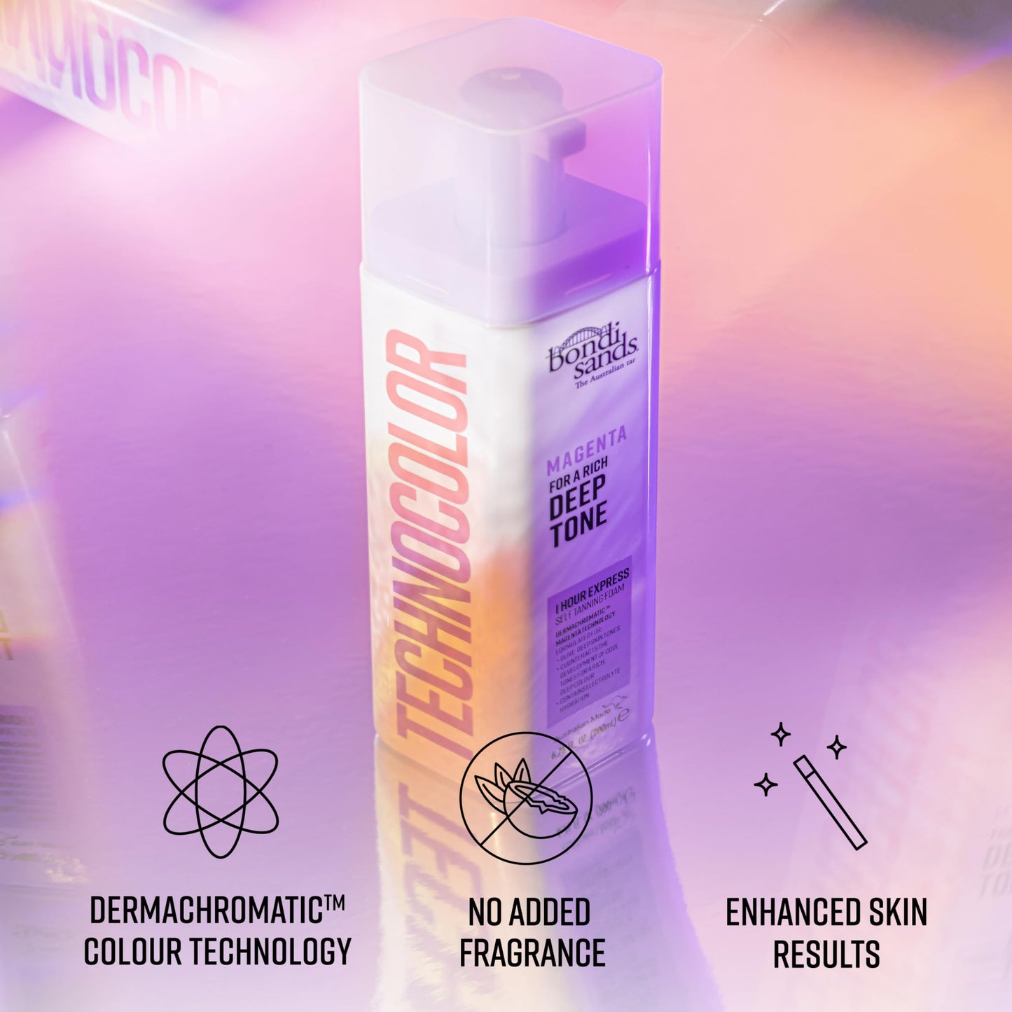 Bondi Sands Technocolor Magenta 1 Hour Express Self Tanning Foam, Best for Olive to Deep Skin Tones Looking for a Rich, Deep Toned Tan, 6.76 fl. oz.