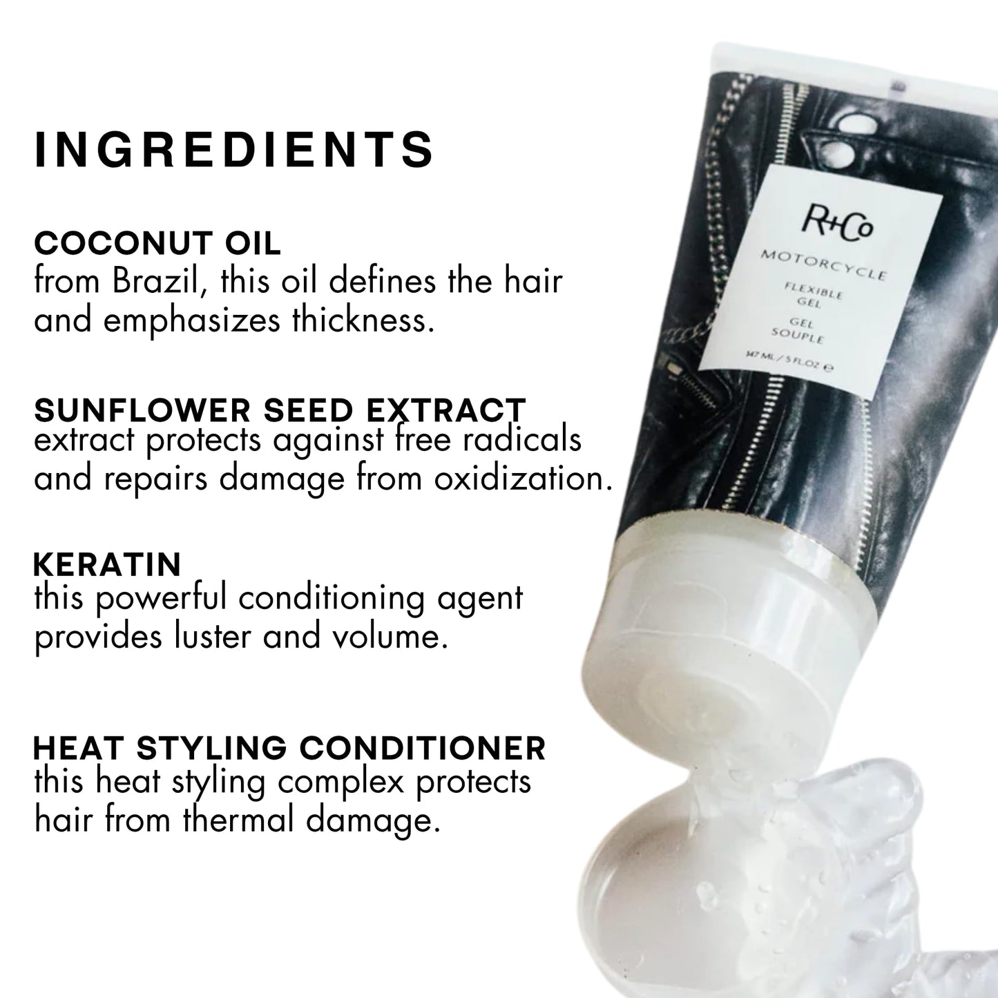 R+Co Motorcycle Flexible Gel - Hybrid Styling Gel with Flexible Hold & Wax-Like Shine - Heat Protectant, Volumizing Gel for Texture, Natural Finish & All Hair Types - Vegan & Sulfate-Free - 5 oz