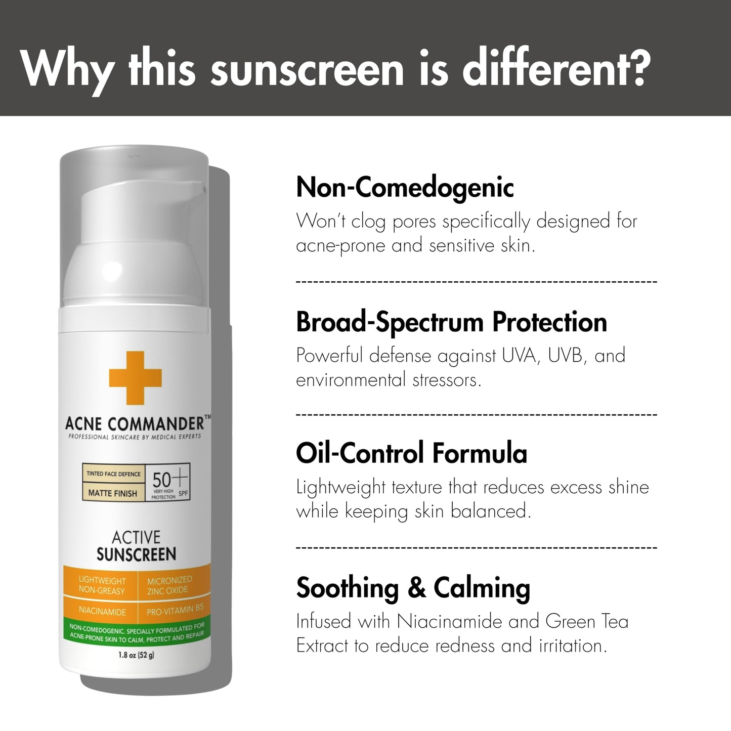 Acne Commander Mineral SPF 50 Face Sunscreen for Acne-Prone & Sensitive Skin — Zinc Oxide, Non-Comedogenic, No White Cast — Tinted, Broad Spectrum, Fragrance-Free, Lightweight Daily, ~52g