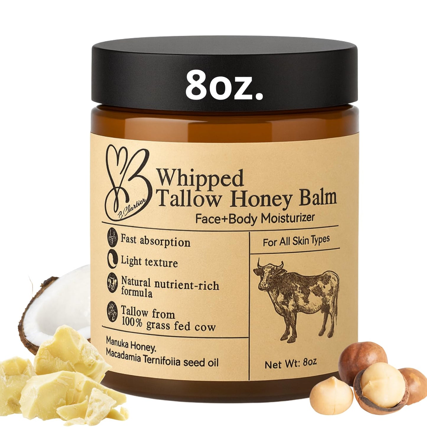 B.Chartier Beef Tallow for Skin- Tallow Balm for face- Tallow Face Moisturizer - Beef Tallow Moisturizer- Tallow and Honey Balm - Grass Fed Beef Tallow For Skin - Tallow Face Cream Lotion (8.0 oz)