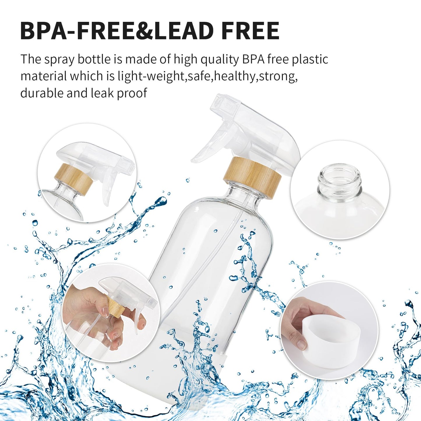 HOMBYS Empty Bamboo Glass Spray Bottles with Silicone Sleeve Protection - Refillable 17 oz Clear Glass Containers for Cleaning Solutions, Essential Oils, Misting Plants - Quality Sprayer - 3 Pack