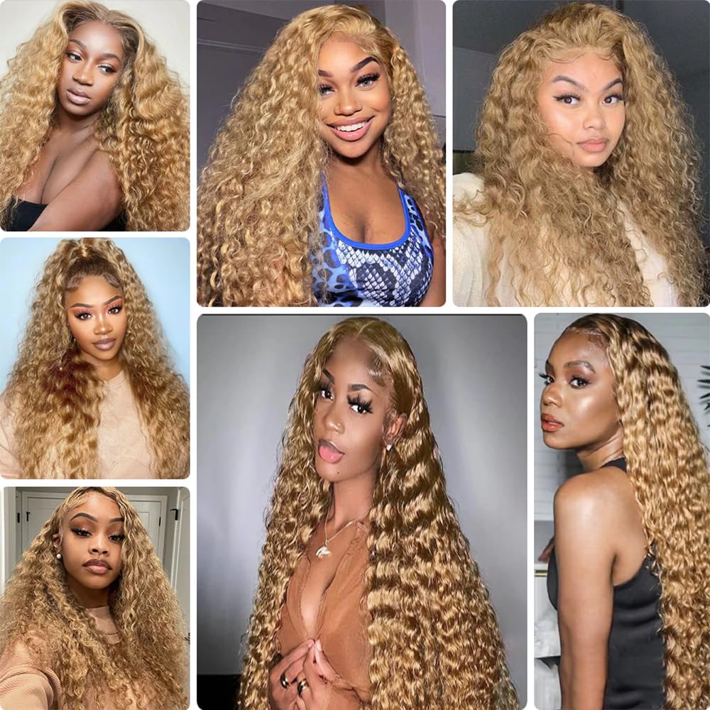 Biliisyff Honey Blonde Bundles Color #27 Deep Wave Human Hair 8 10 12 Inch Color #27 Bundles Grade 8A Brazilian Virgin Hair Extensions Double Weft Soft Real Blonde Hair Weave