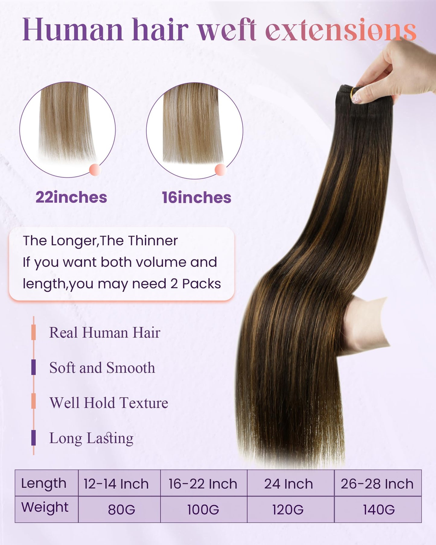 LaaVoo Weft Hair Extensions Human Hair Ombre Sew in Hair Extensions Dark Brown Mix Light Brown Hair Weft Extensions Silky Straight 12 Inch 80g