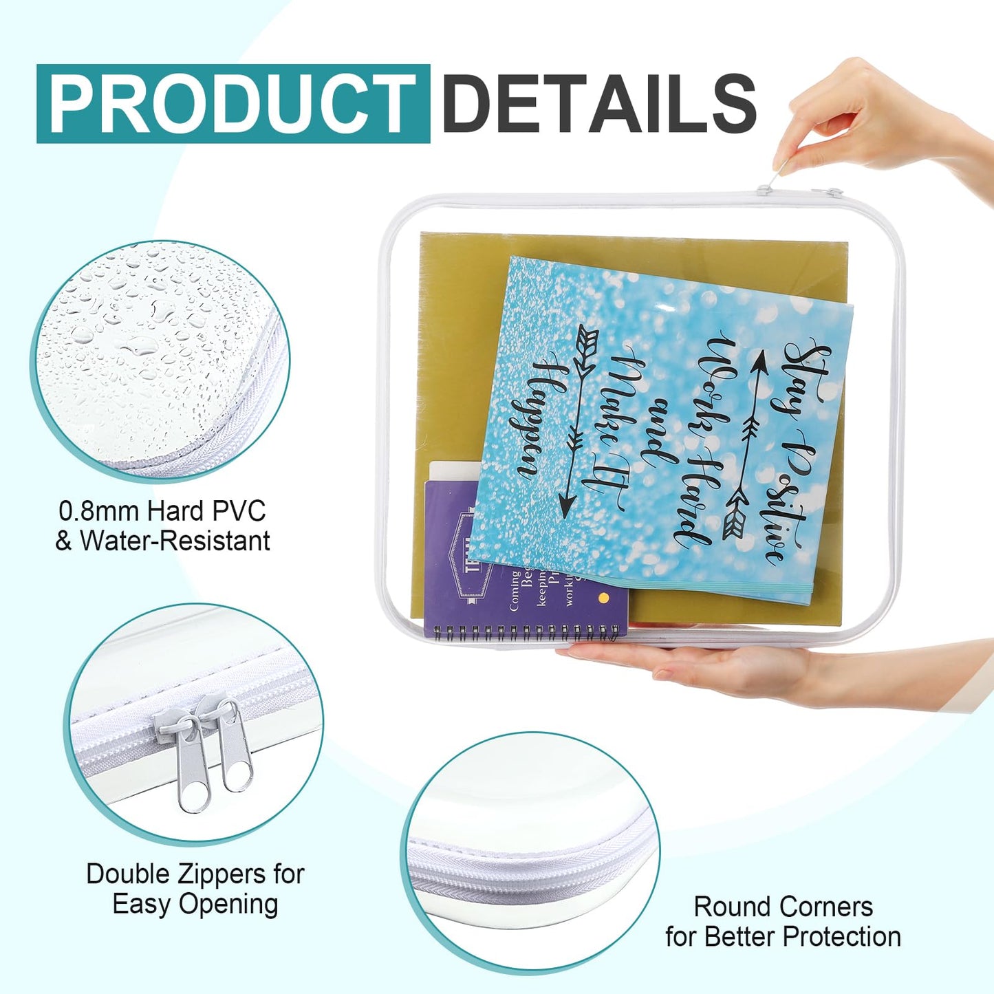 Hoolerry 4 Pcs Hard Clear Zipper Case Makeup Bags Plastic Zipper Pouch Transparent Storage Box Containers for Cosmetics, Snacks, Building Blocks, Puzzles(Clear,13.8 x 11.8 x 2 in,White)