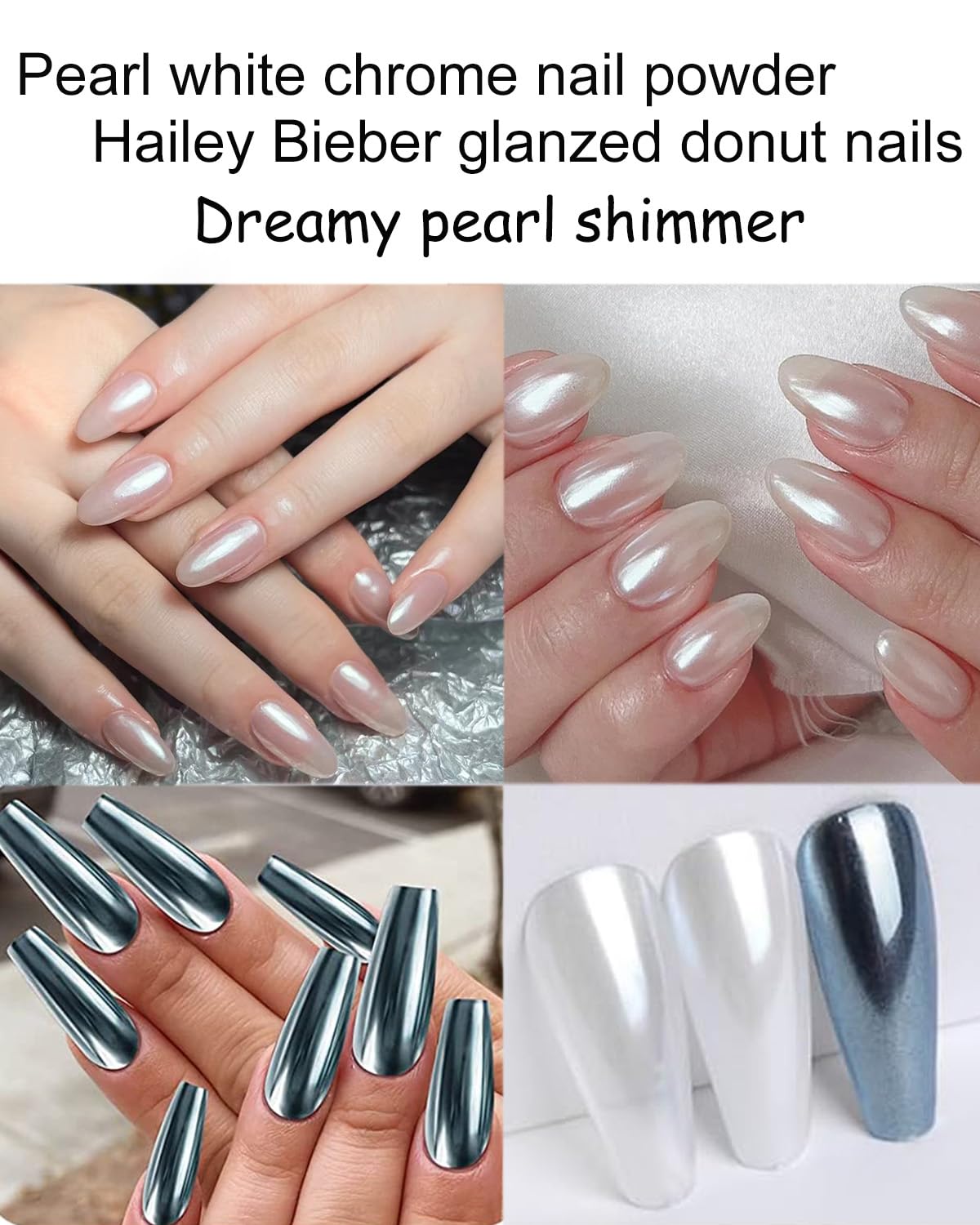6 Chrome Nail Powder, Mirror Effect, Laser Chrome Pearl White, Glazed Donut Dust