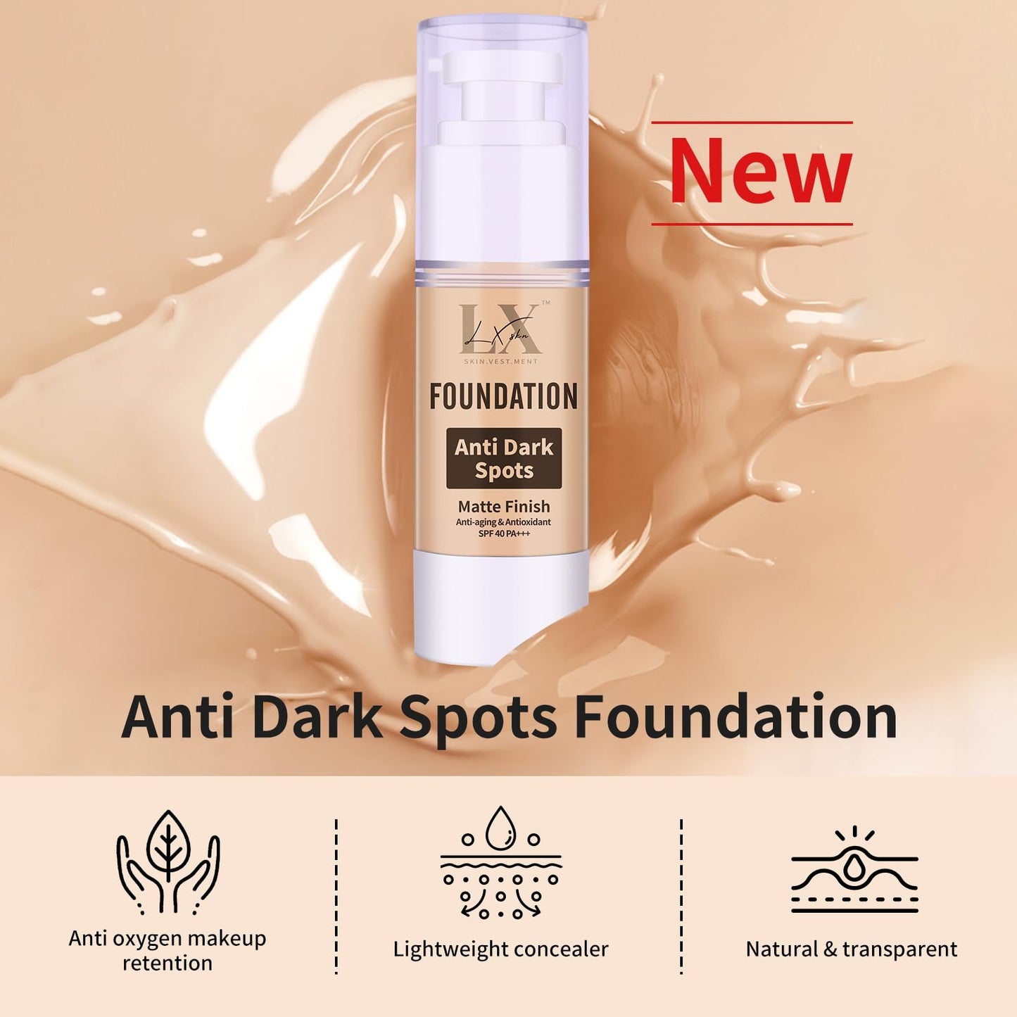 LXSKN Anti-Dark Spot Liquid Foundation - Collagen Serum Foundation Infused with 2% Niacinamide, High Coverage For A Smooth & Satin Finish, 107 Light