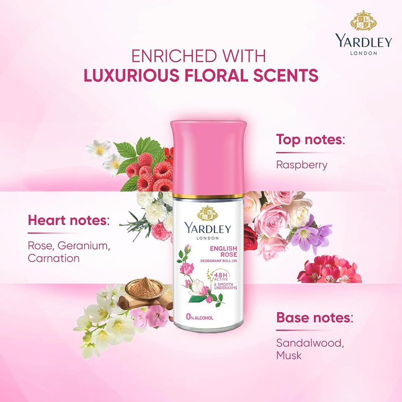 Yardley London English Rose Anti-Perspirant Deodorant Roll-On | 48-Hour Active | Alcohol-Free | 1.7oz (50ml)
