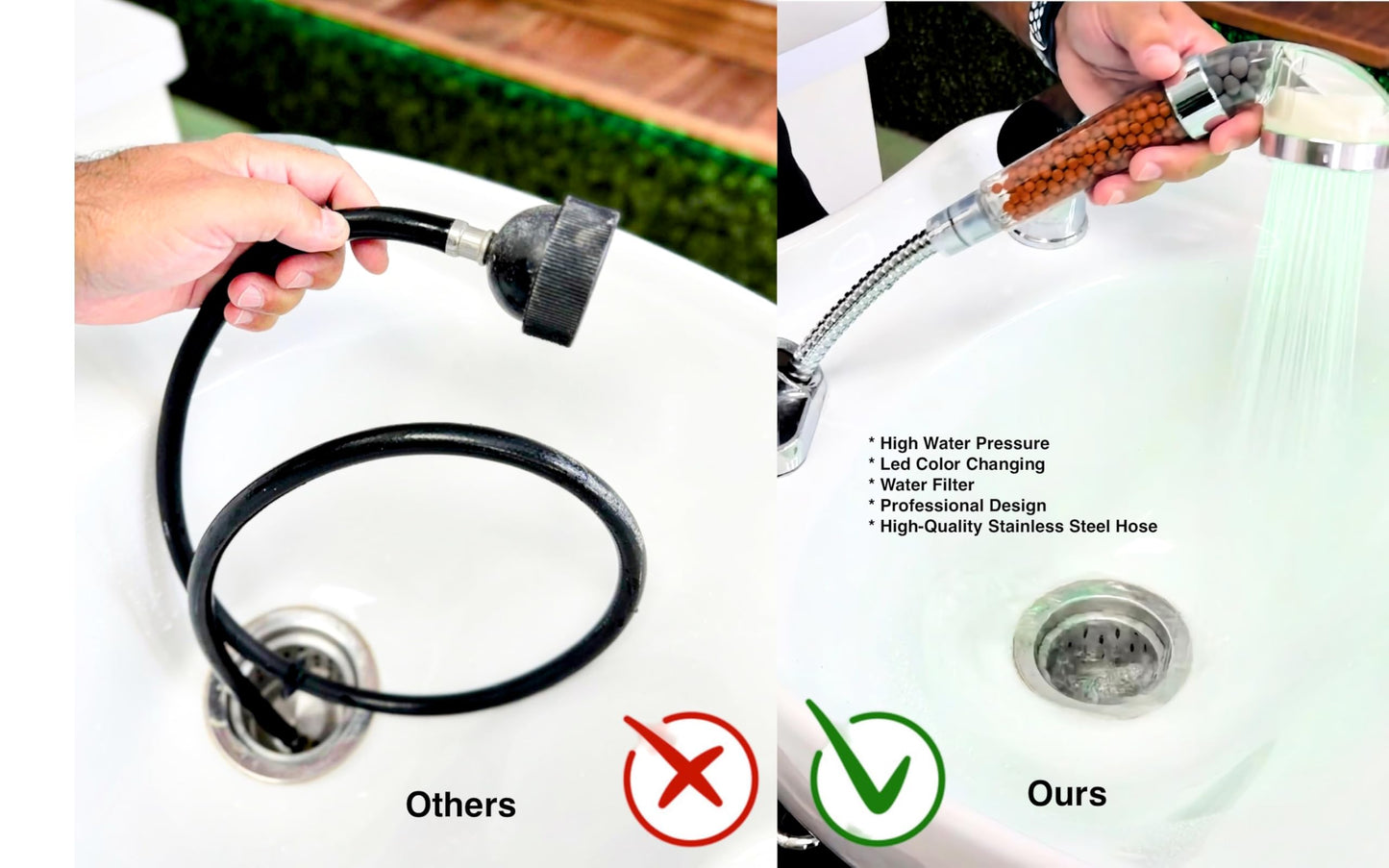 Socila LED Sprayer Head Color Changing for Shampoo Bowl Salon, Spray Head High Pressure Auto Color Changing For Dry & Frizz Hair With Stainless Steel Hose 1/2" to 1/4 Nut