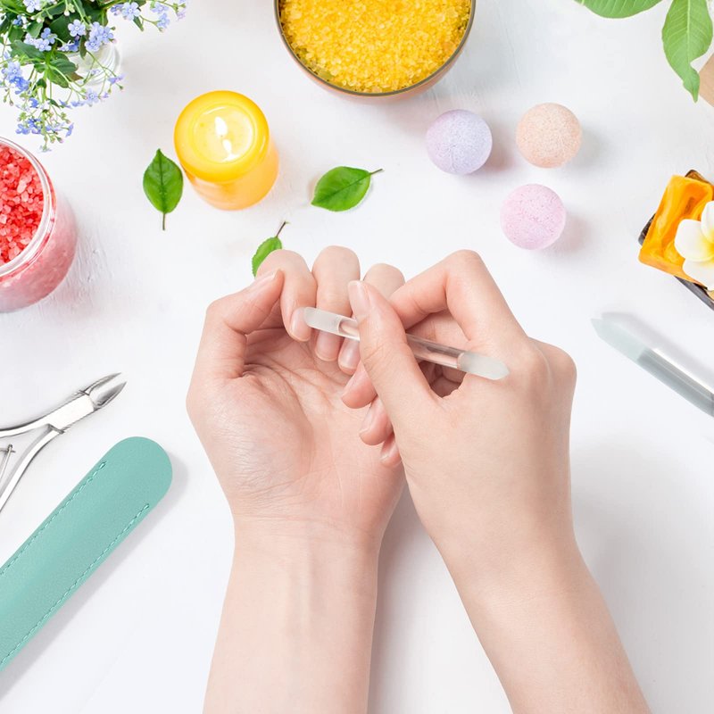 2 Pcs Glass Cuticle Pusher with Leather Case, Glass Cuticle Stick Fingertip Precision Filing Cuticle Remover Etched Dual-Ended Manicure Stick