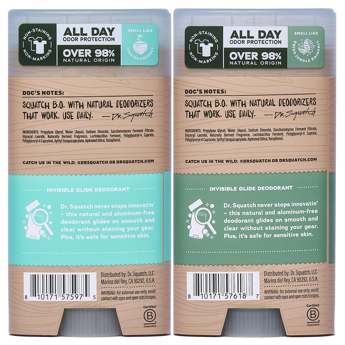 Dr. Squatch Natural Men's Deodorant - Invisible Glide, Aluminum-Free | Coconut Castaway & Rainforest Rapids, 2.65oz (2-Pack)