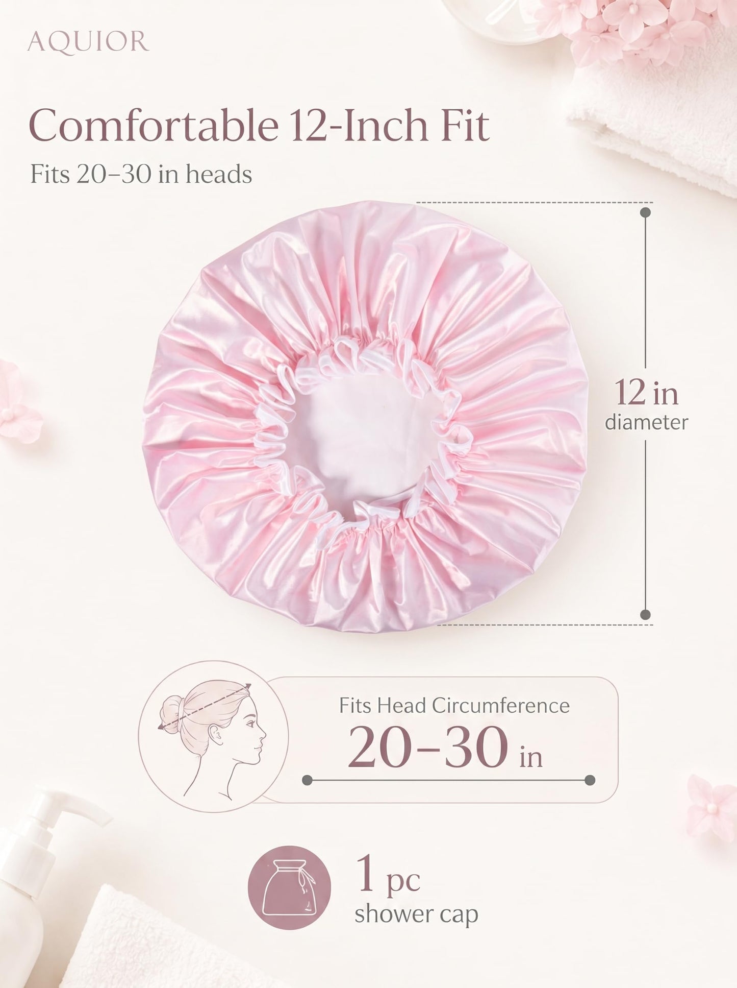 Aquior Shower Caps, Reusable Shower Cap for Women, Double Layer Waterproof Hair Cap, Large Size for All Hair Lengths,for Girls Spa Home Salon Use