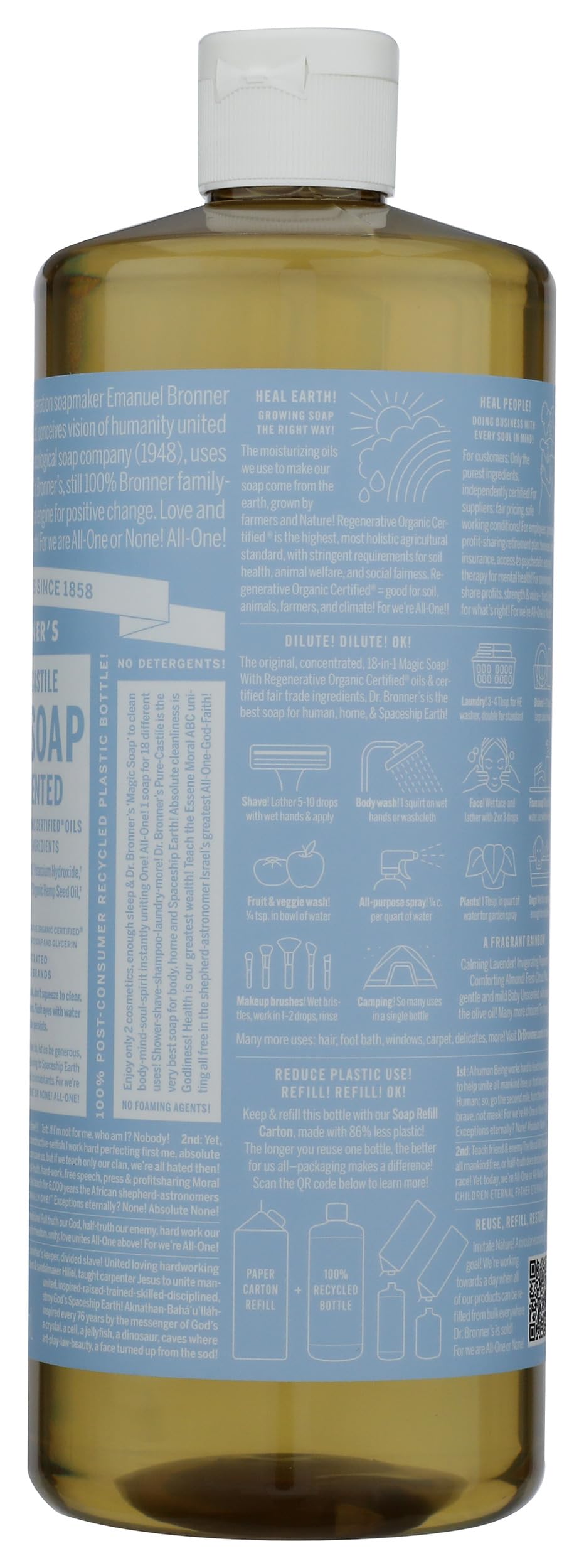 Dr. Bronners Baby Unscented Liquid Castile Soap, 32 FZ