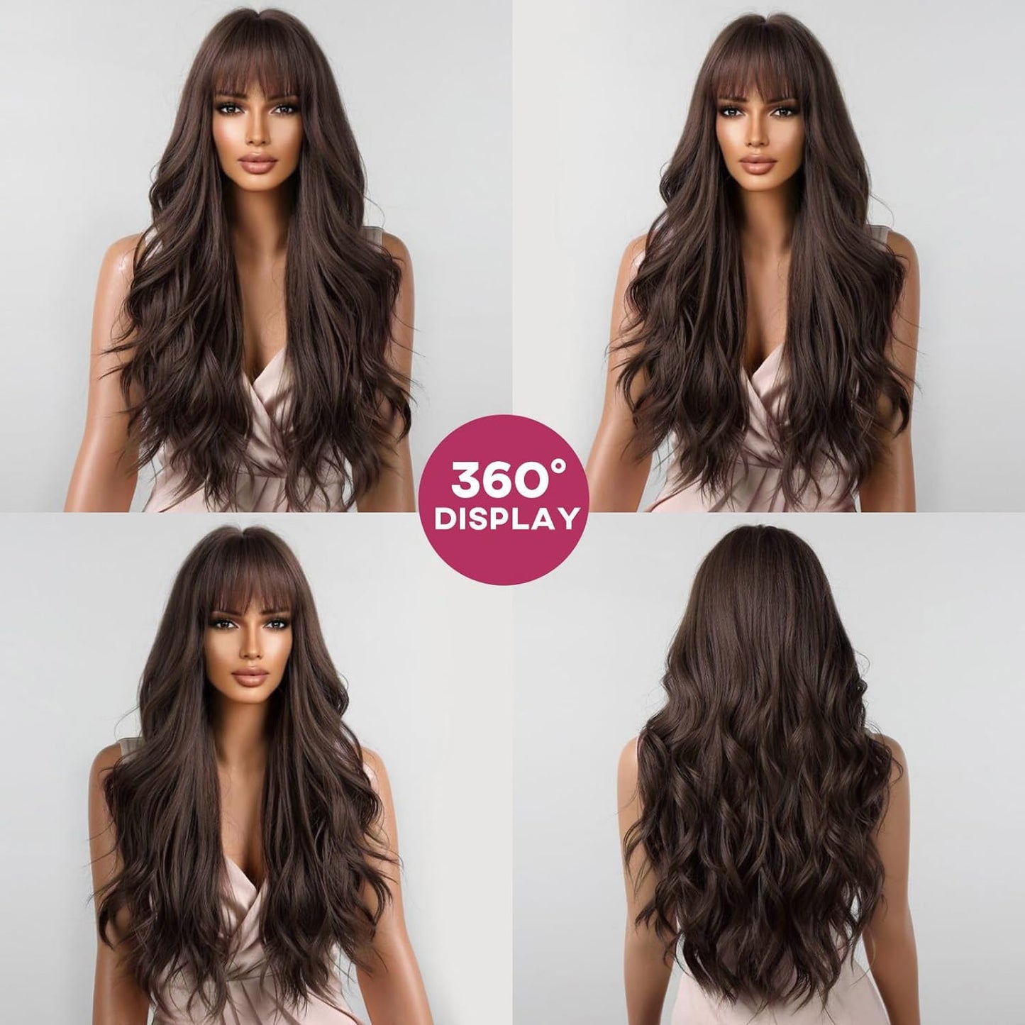YOUGRACE Dark Brown Wig with Bangs, Wavy Wigs for Women Synthetic Hair Wig for Daily Party Use 26 Inch