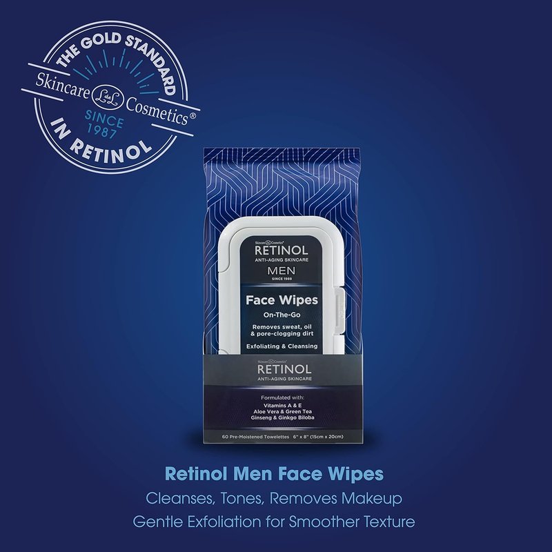Retinol Men's Face Wipes - Micellar Cleansing Wipes for Sweat, Oil & Dirt Removal | 60 Count, Alcohol-Free, Travel Size