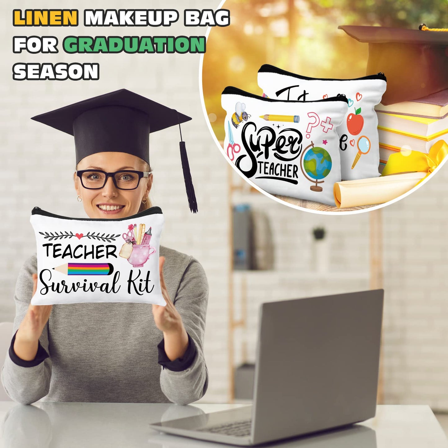 Irenare 30 Pcs Teacher Appreciation Gifts Bulk Thank You Makeup Bags for Women Canvas Cosmetic Pouch with Zipper Educators School Appreciation Gifts Bulk for Teacher Week