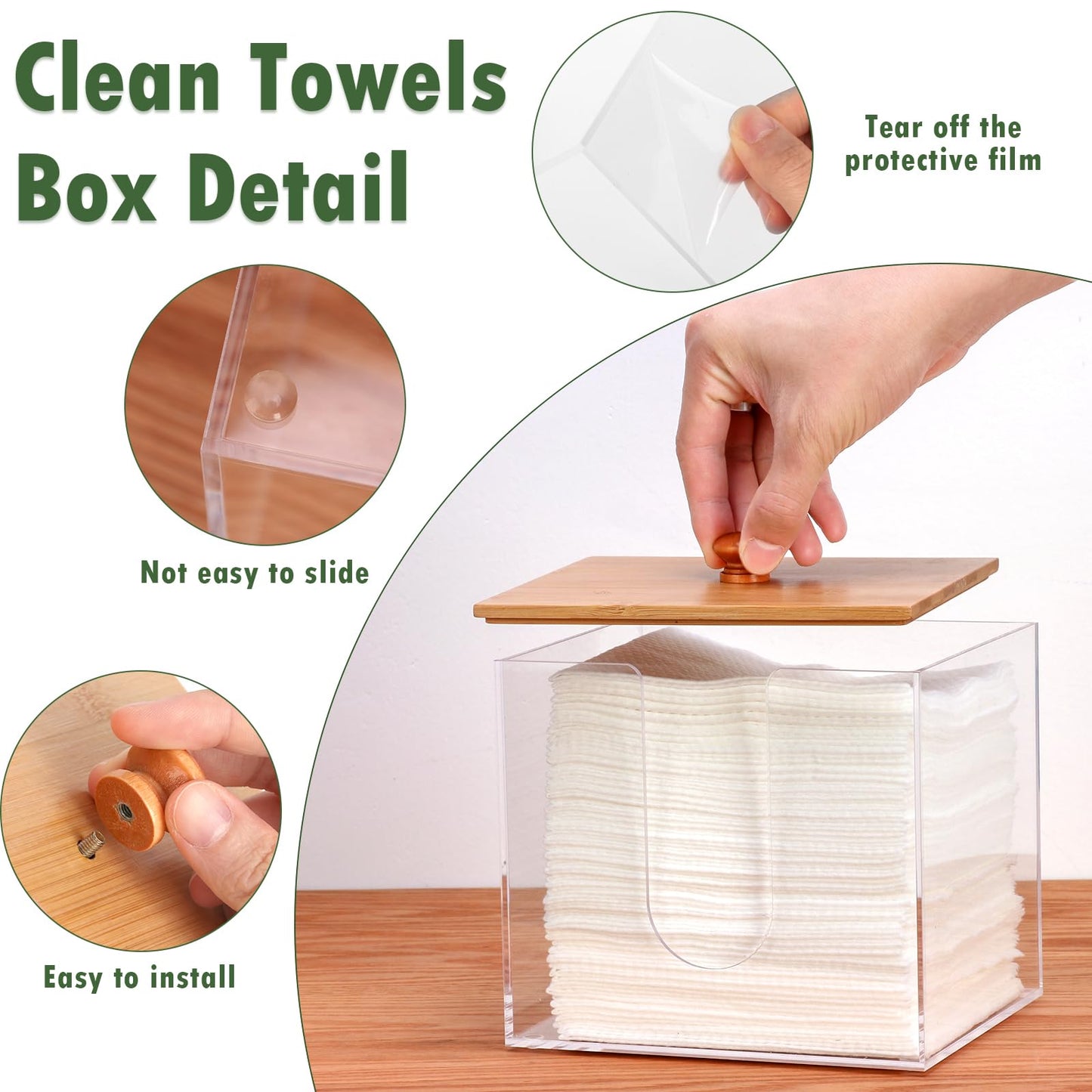 DLUGOPIS Disposable Face Towel Storage Box with Bamboo Lid XL Acrylic Face Towel Container Facial Towel Holder Clean Towels Box Dryer Sheet Container for Face Towels Wipe Bathroom Laundry Room