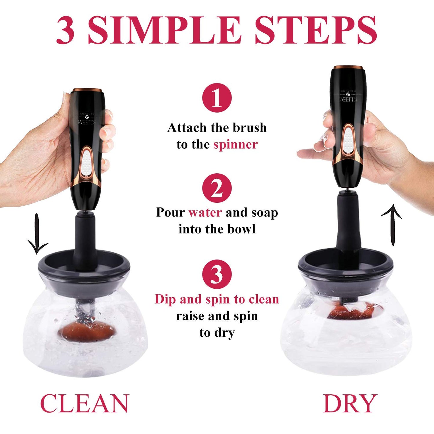 Kleem Electric Makeup Brush Cleaner Machine | Automatic Makeup Brush Washer & Spinning Dryer with Free Cleaner Shampoo | Dual-Fiber Bristles for Eyeshadow & Foundation | Made in USA | Black