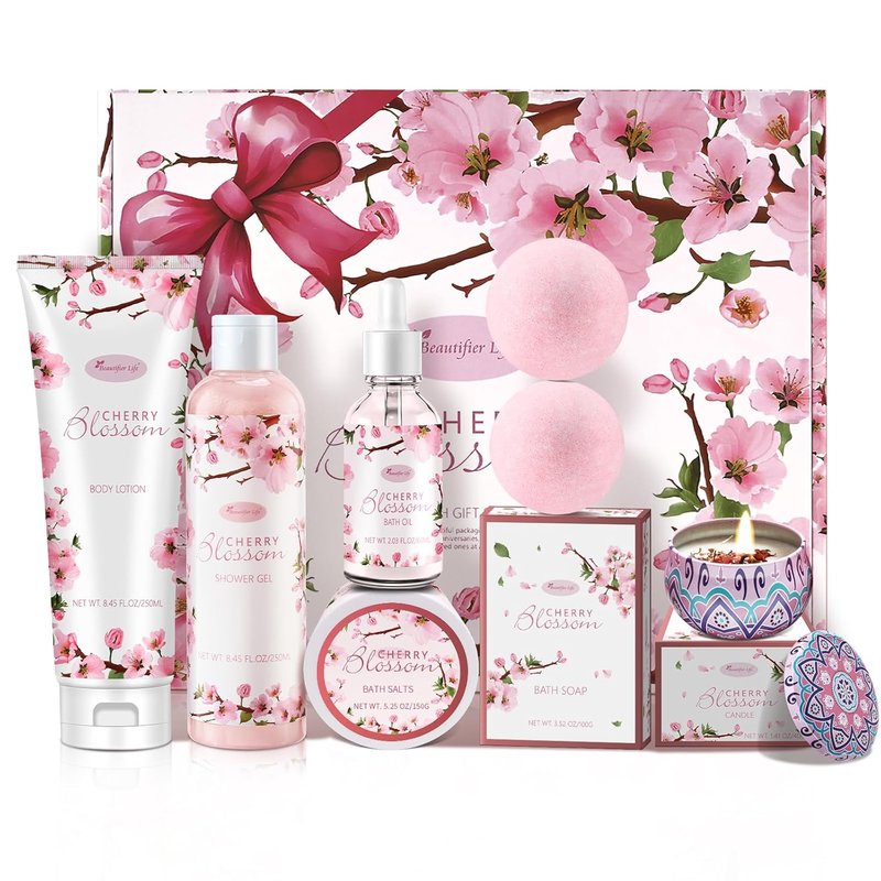Bath and Body Gift Set for Women - Luxurious Japanese Cherry Blossom Spa Essentials | 7-Piece Set with Shower Gel, Lotion, Bath Oil, Salt, Soap, Bombs & Candle