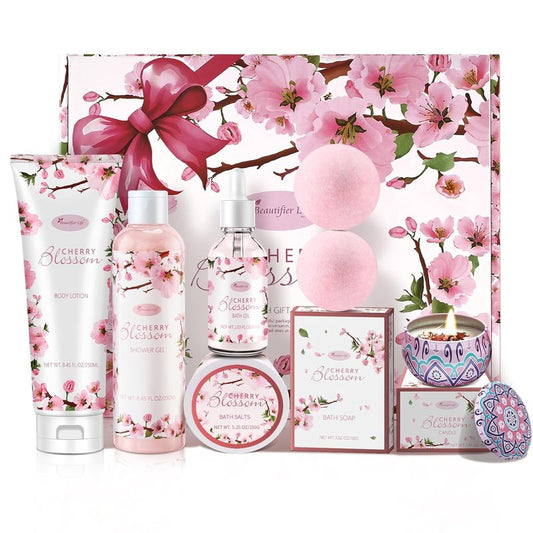 Bath and Body Gift Set for Women - Luxurious Japanese Cherry Blossom Spa Essentials | 7-Piece Set with Shower Gel, Lotion, Bath Oil, Salt, Soap, Bombs & Candle