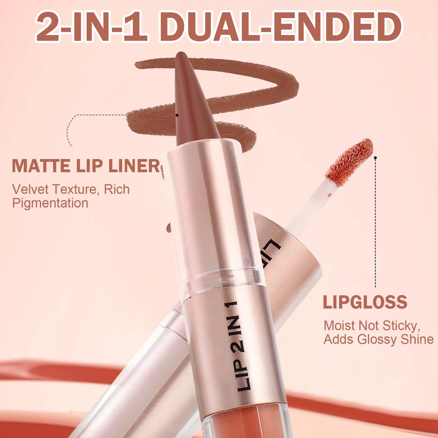 Jutqut Lip Liner & Gloss Lipstick Combo - 2 in 1 Dual-Ended Lip Combo Set, Nude Brown Velvet Matte Lip Liner & Buildable Light Brown Glowy Lip Gloss Kit for Women, Long Wear Shiny Plumping Finish, 06