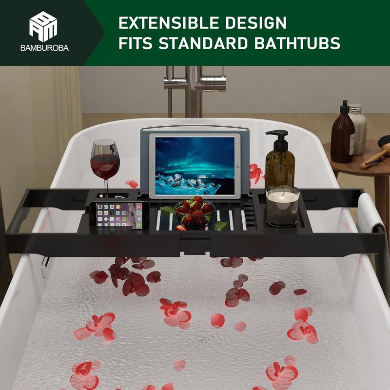 Foldable Bamboo Bathtub Caddy Tray - Expandable Luxury Bath Organizer with Wine Glass Holder & Book Stand | Black