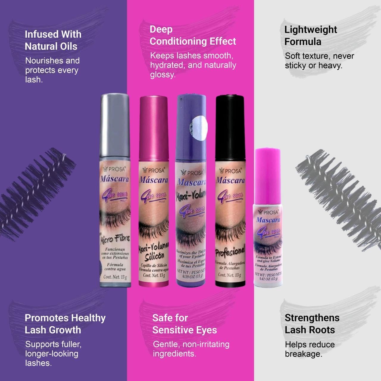 Prosa Mascara Professional Collection for Amplified Volume Complete Lash Length Deep Ebony Shade and Enduring All-Day Glamour Pack of 5