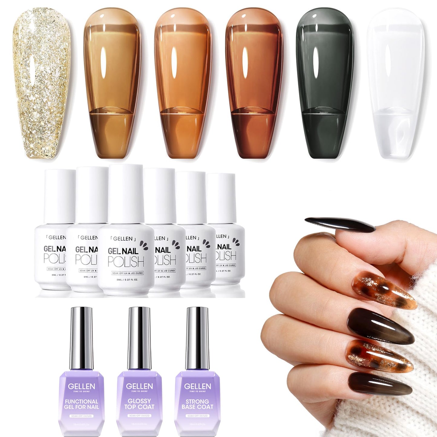 Gellen Brown Jelly Tortoise Shell Gel Nail Polish and Blooming Gel and Base Top Coat