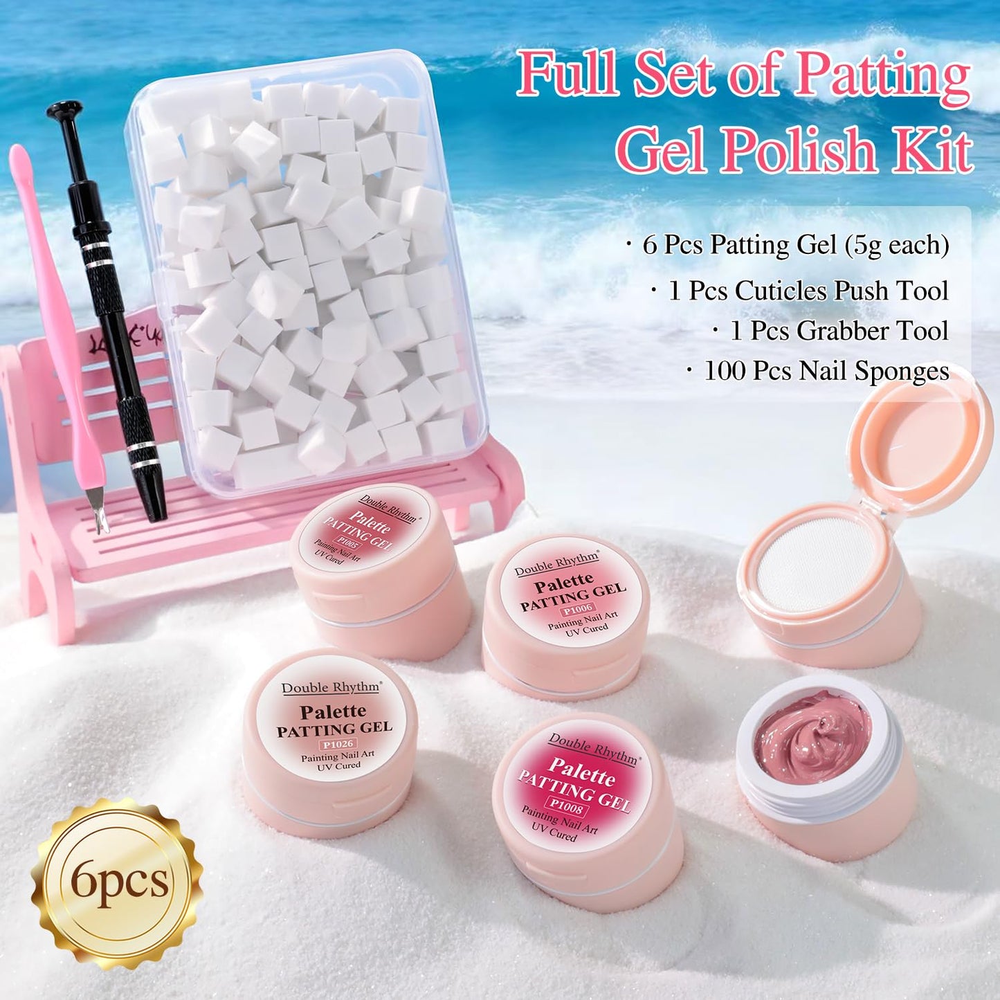 Double Rhythm Painting Gel Polish Set for Nail Art Palette Patting Gel Polish 6 Colors with 100 Pcs Sponges and Grabbing Pen (Neutral Nude Rose-T6-66)