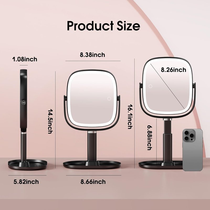 Makeup Mirror with Lights - 10x/1x Magnifying Rechargeable Desk Mirror | 3-Color Lighting & 360° Adjustable (Black)