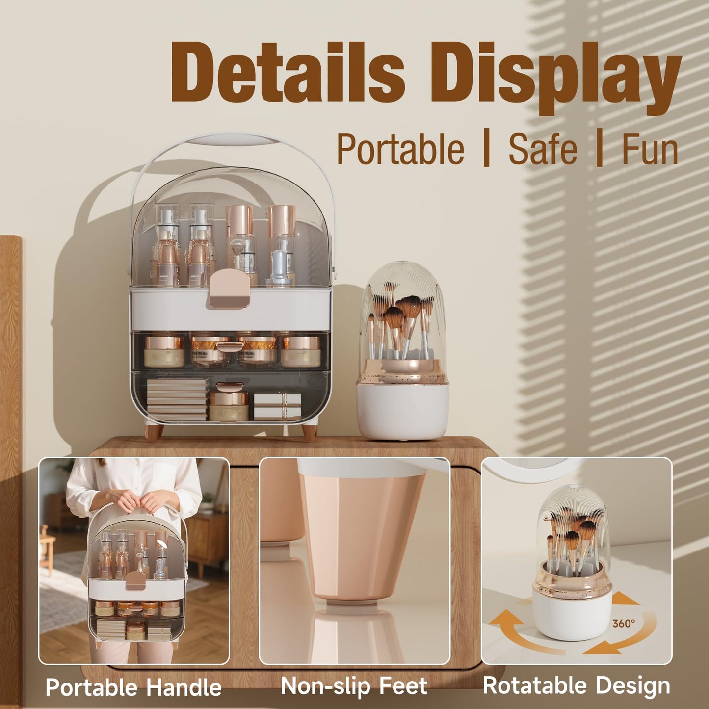 CLBDRESS Makeup Organizer Countertop & 360° Rotating Makeup Brush Holder, Skincare Holder with Lid and Drawers, Storage Box Cosmetic Display Cases, Teen Girl Gifts, Vanity, Bathroom Counter,Rose Gold