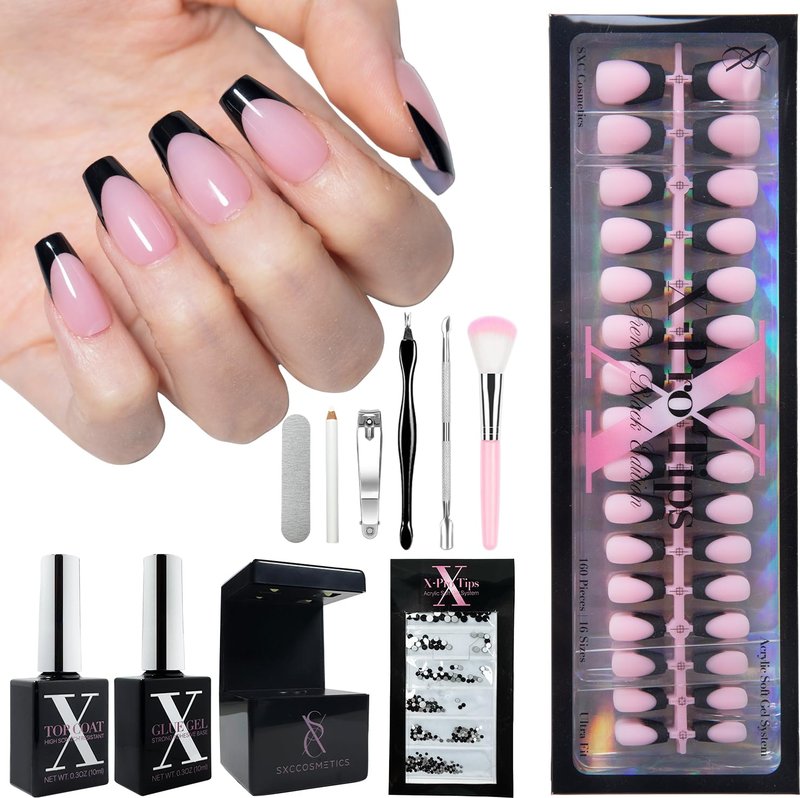 SXC Cosmetics French Tip Press On Nails – Black Series, Short Coffin, X-Pro Tips Starter Kit | 160PCS, 16 Sizes, 5 Styles, Beginner-Friendly