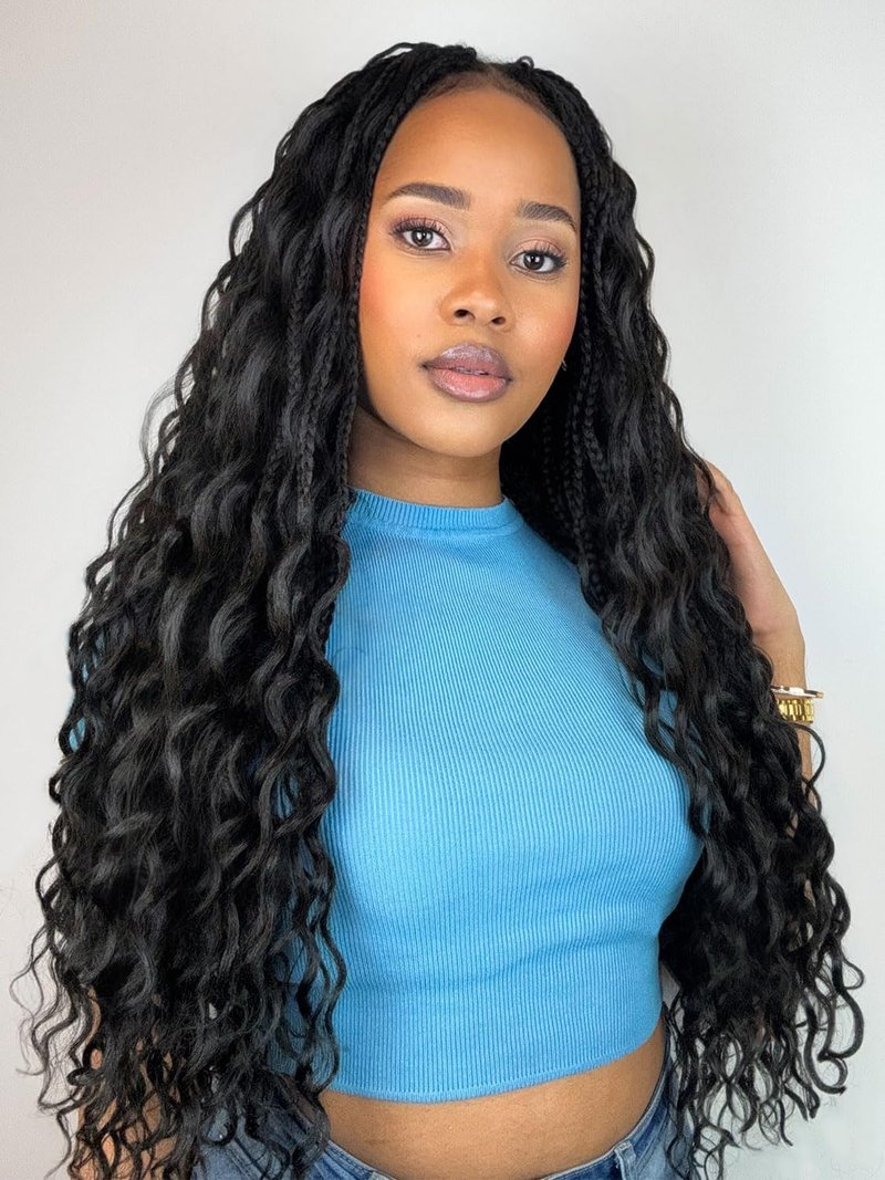 Goddess Box Braids Crochet Hair 24 Inch 7 Packs Boho Crochet Braids Pre Looped Bohemian Gypsy Braids Crochet Hair for Women Braiding Hair Extensions, 1B