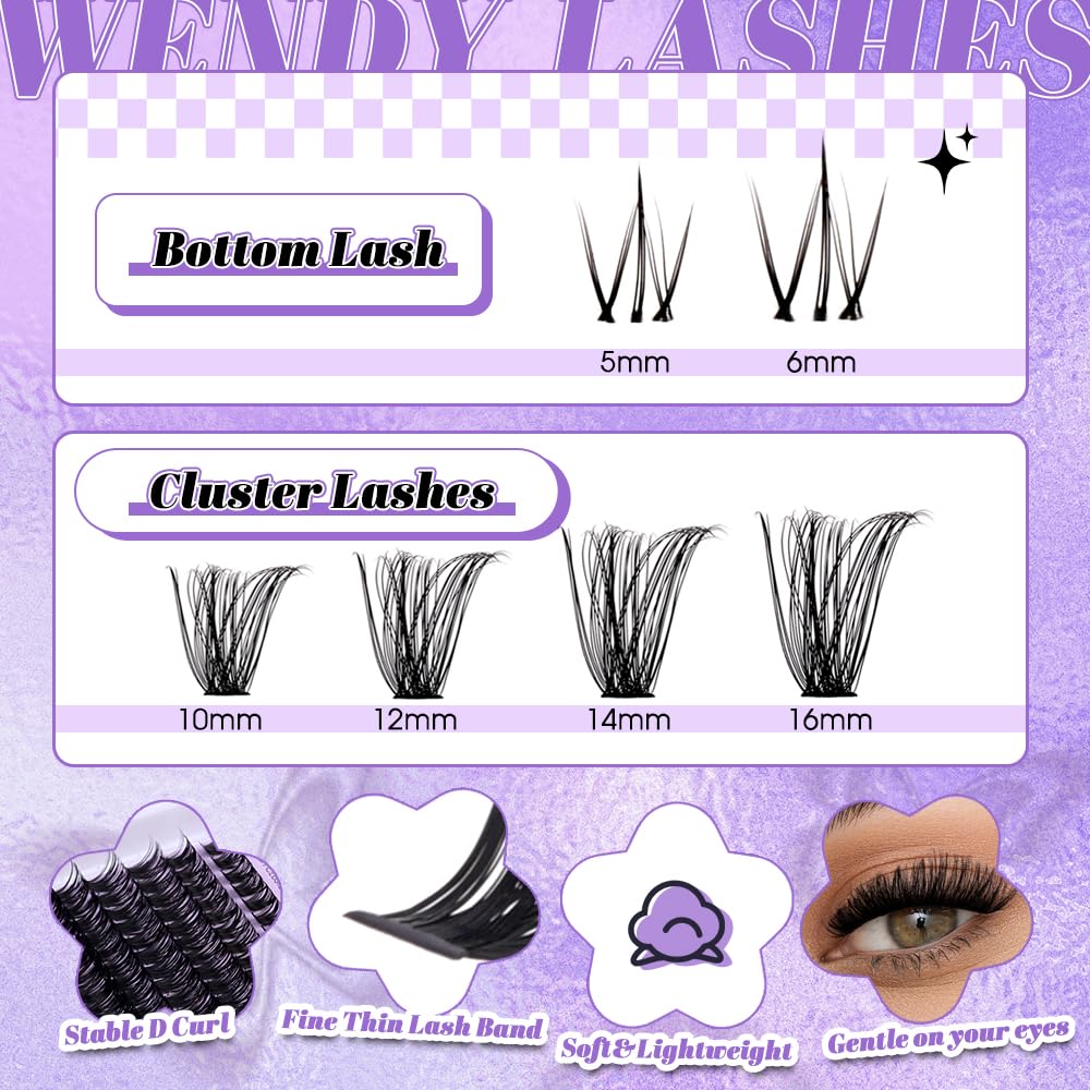 WENDY LASHES 50D Natural Lash Clusters with Bottom lashes 249PCS Individual Eyelash Extensions Reusable False Eyelashes Mix 10-16mm D-Curly Lash Extension at Home