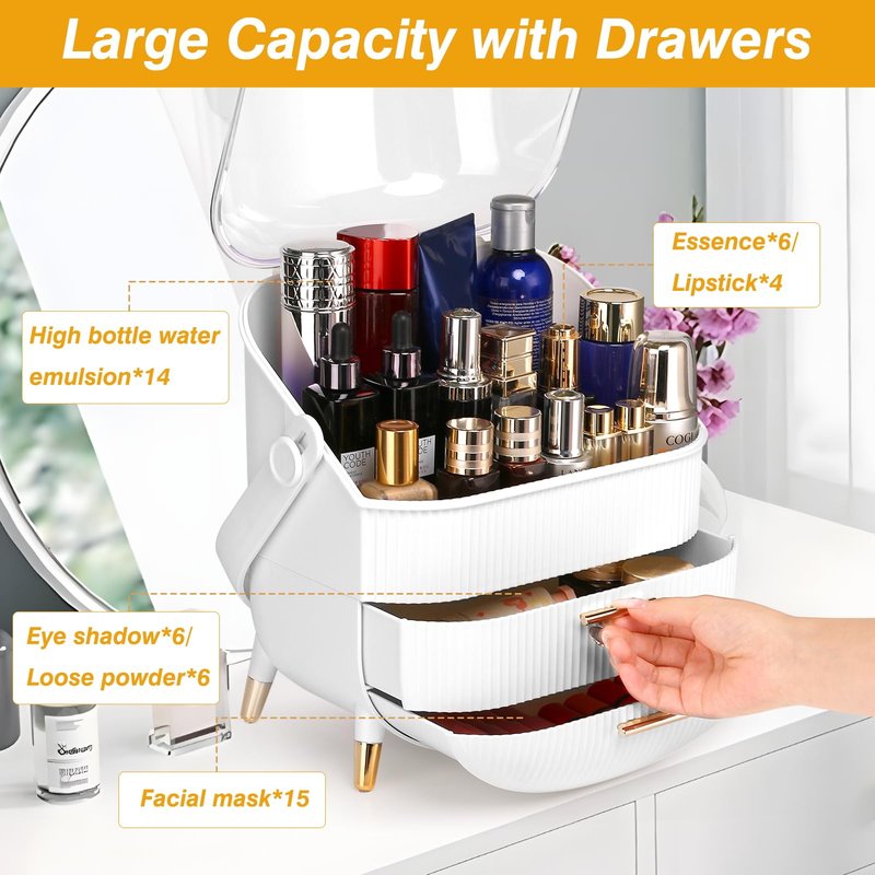 Haturi Makeup Organizer, Skincare Organizers w/Brush Holder, Cosmetics Organizer with Drawers, Waterproof & Dustproof Makeup Organizer for Vanity, Preppy Skin Care for Bathroom, Dresser, Countertop