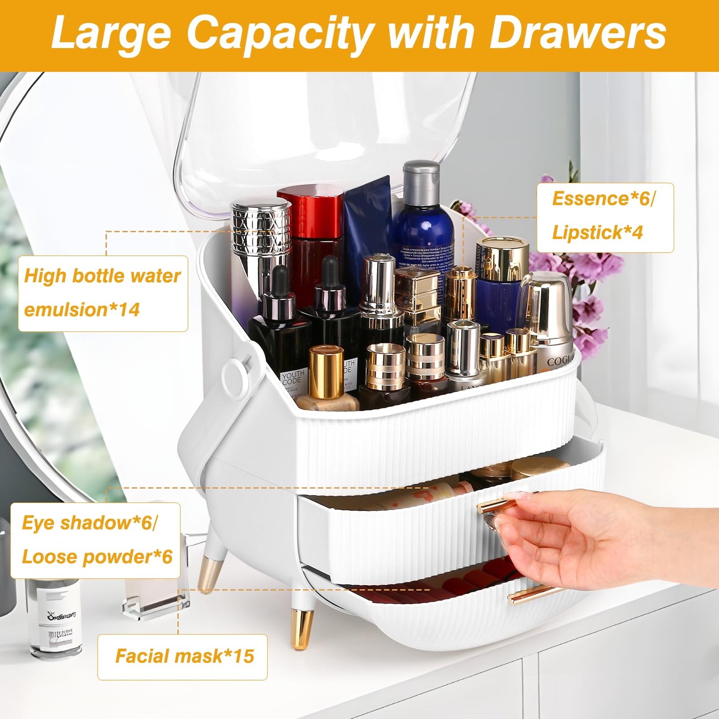 Haturi Makeup Organizer, Skincare Organizers w/Brush Holder, Cosmetics Organizer with Drawers, Waterproof & Dustproof Makeup Organizer for Vanity, Preppy Skin Care for Bathroom, Dresser, Countertop