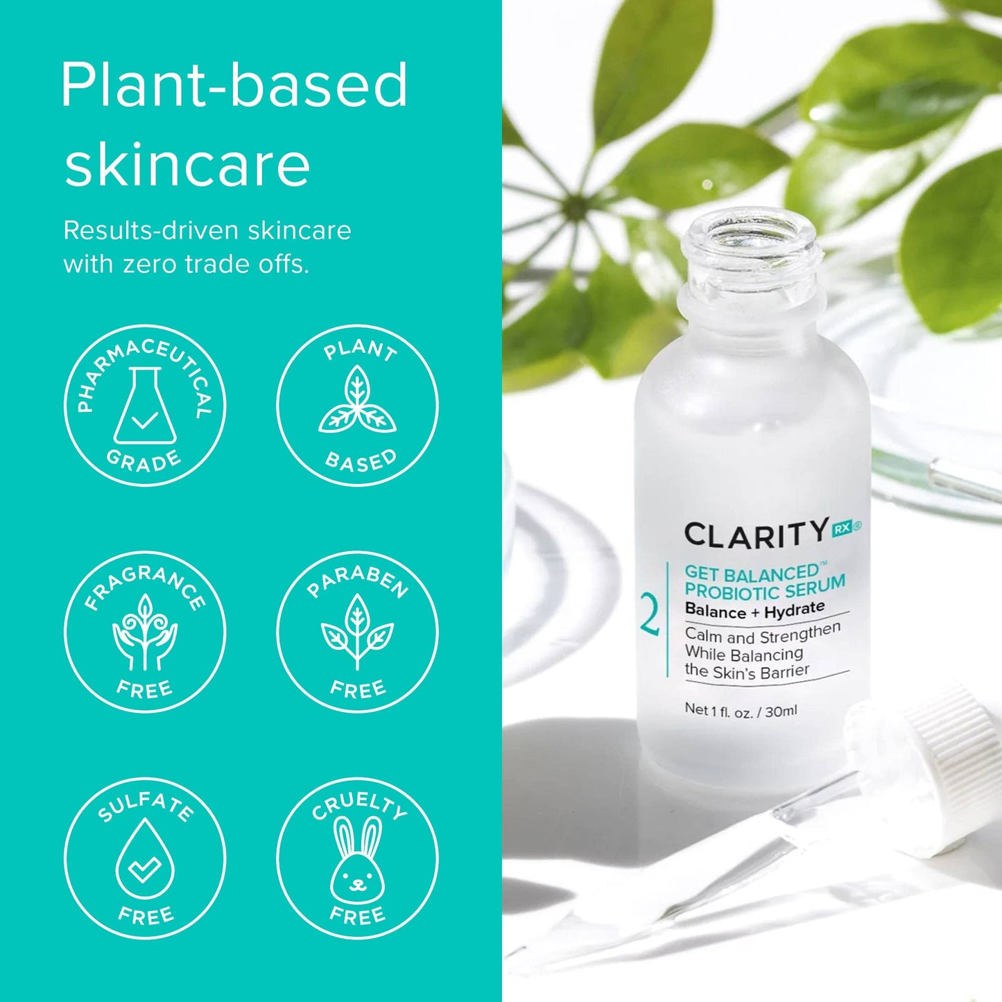 ClarityRx Get Balanced Probiotic Hydrating Face Serum, Natural Plant-Based Skin-Balancing Treatment with Hyaluronic Acid & Antioxidants for Normal & Aging Skin (0.5 fl oz)
