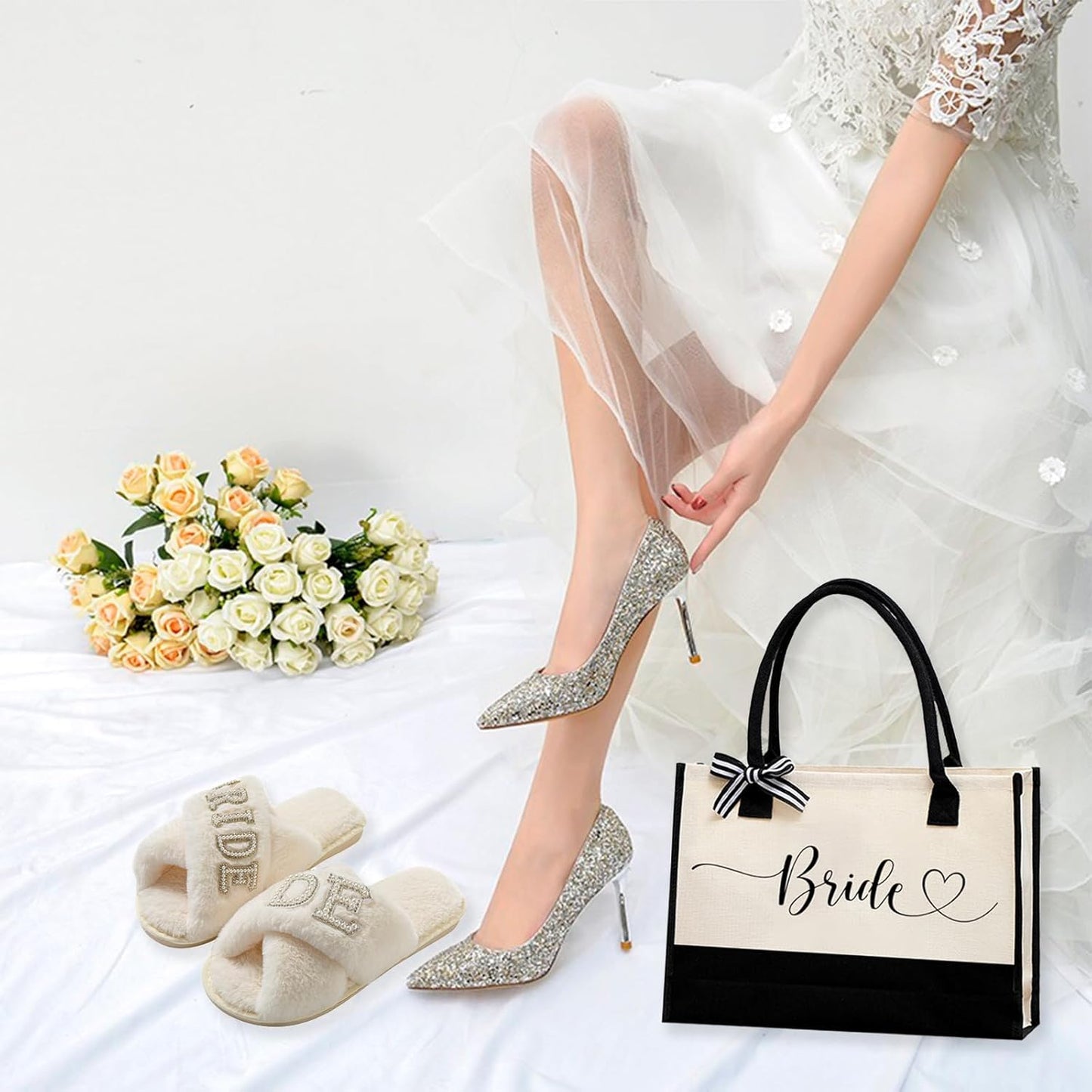 Bridal Shower Gifts Set - 5-Piece Bride Bag, Cosmetic Bag, Sunglasses & Slippers | Perfect for Weddings & Bachelorette Parties