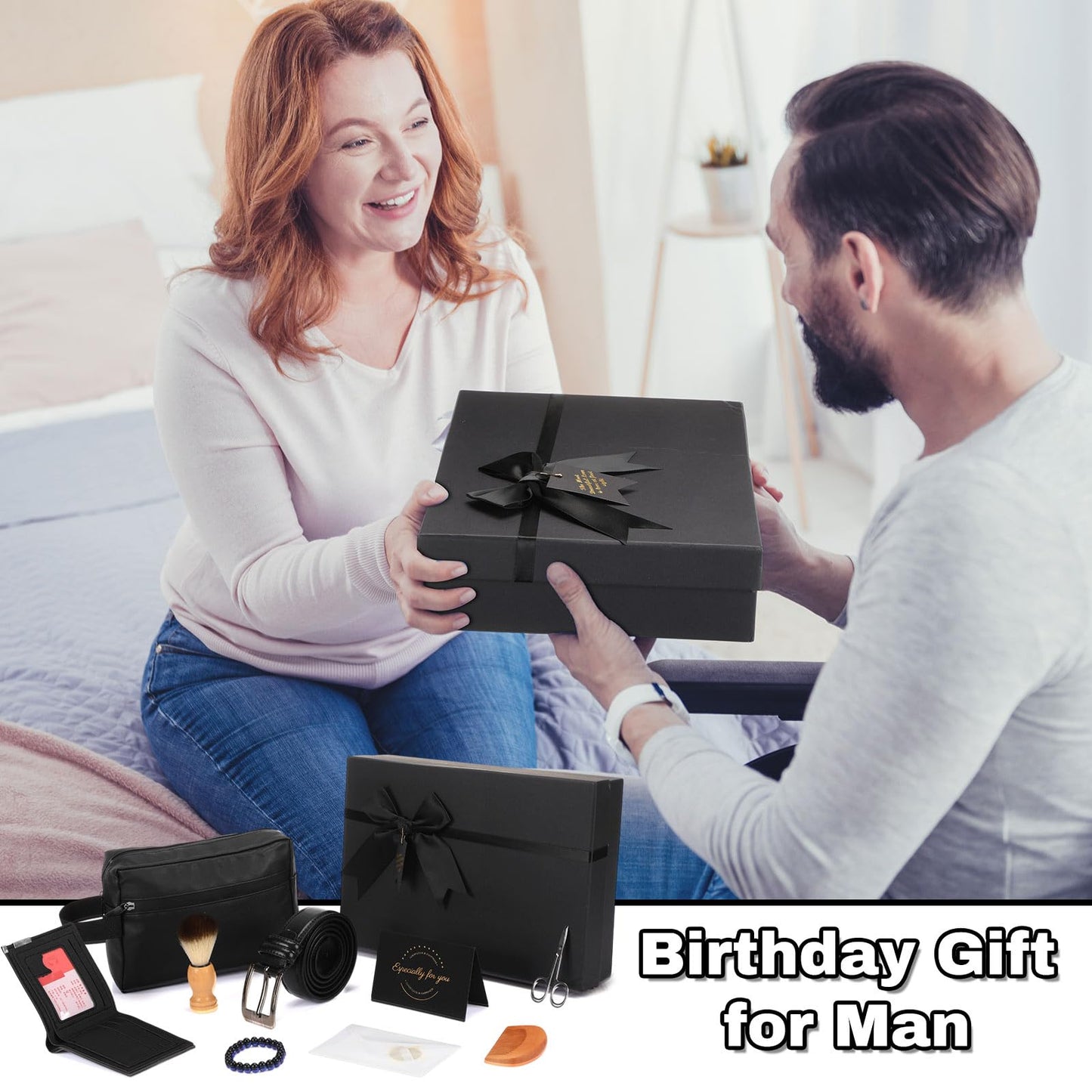 Shyyween 10 Pcs Birthday Gifts Baskets for Men Father Gift Get Well Soon Gifts Beard Care Set Graduation Gift for Him with Bathrobe, Wallet, Beard Comb & Brush Set for Dad Boyfriend Husband(Blue)