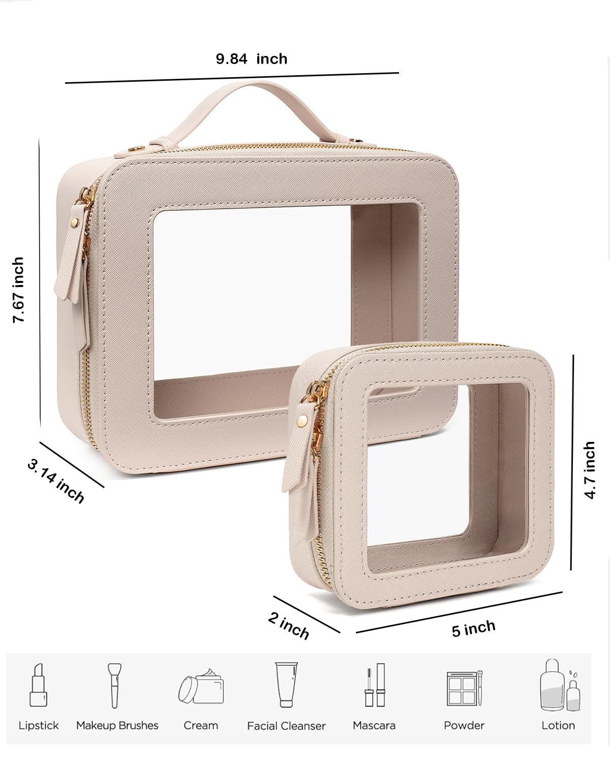 FFpaw 2Pcs Travel Clear Makeup Bag, Large Cosmetic Bag Case with Zipper Portable Makeup Pouch Toiletry Bag Women Traveling Cosmetic Organizer Storage Bag Car Organizer Car Essentials for Women