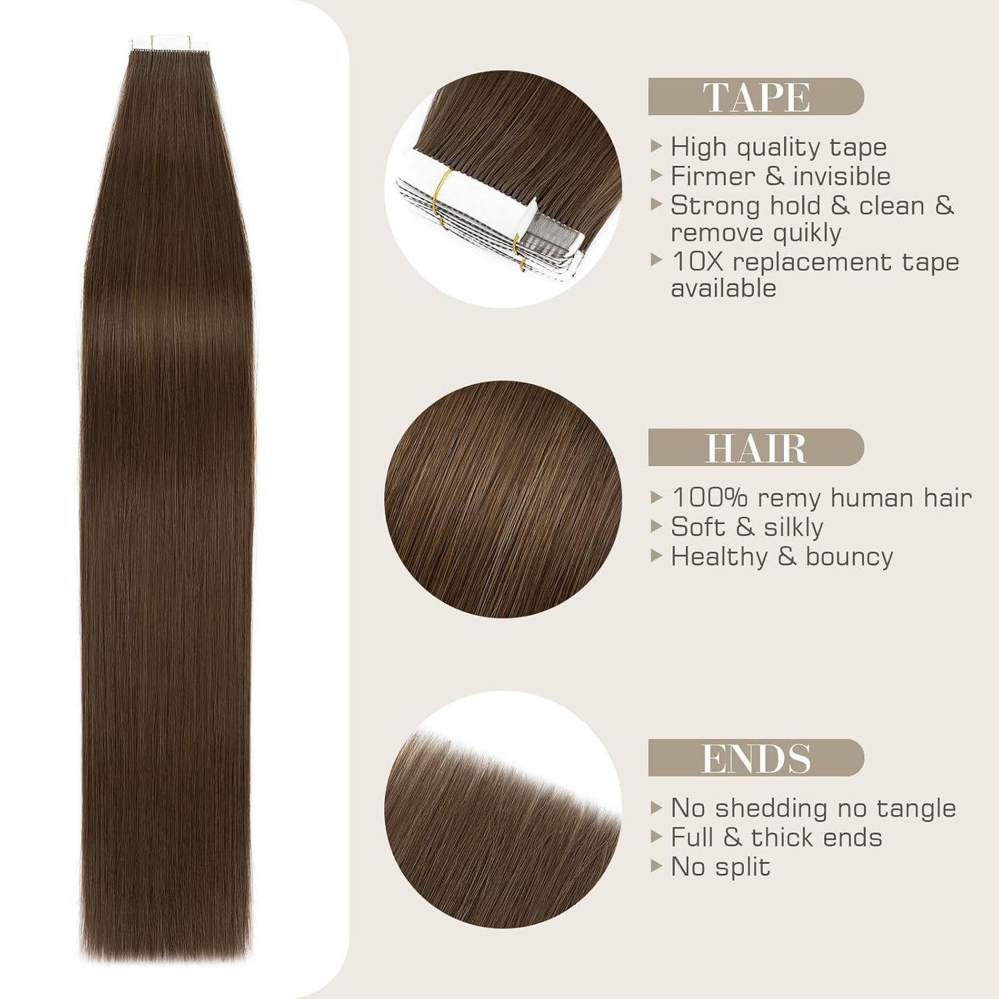 Tape In Hair Extensions - 18 Inch Human Hair, Seamless & Invisible | 50g, 20pcs (#2 Dark Brown)
