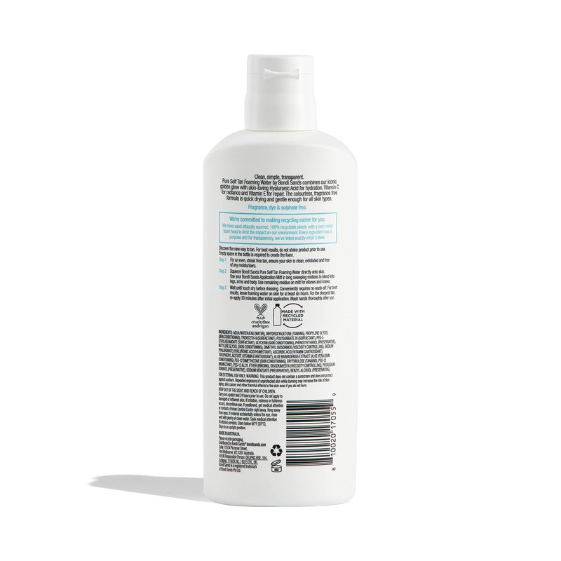 Bondi Sands PURE Light/Medium Self-Tanning Foaming Water | Hydrates with Hyaluronic Acid for a Flawless Tan, Fragrance Free, Cruelty Free, Vegan | 6.76 Oz/200 mL