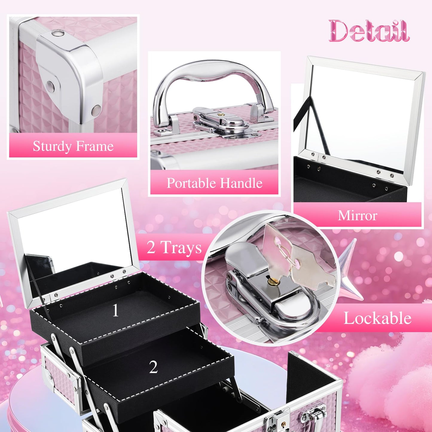 Joligrace Makeup Case Portable Makeup Box Travel Train Case Cosmetic Case Organizer with 2 trays Mirror Locking Make Up Storage Vanity Craft Nail Case Traveling Cosmetic Box for Girls Pink
