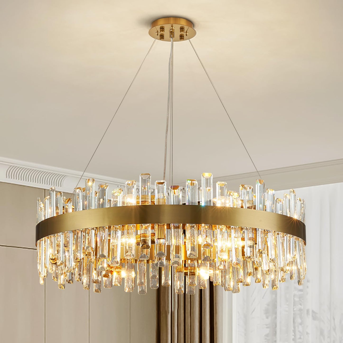 Siljoy Modern Crystal Chandelier, 16-Light Brushed Brass Gold 2-Tiers K9 Crystal Raindrop Chandelier, Luxury Large Crystal Chandelier Ceiling Light for Living Dining Room Entry Foye D31.5''