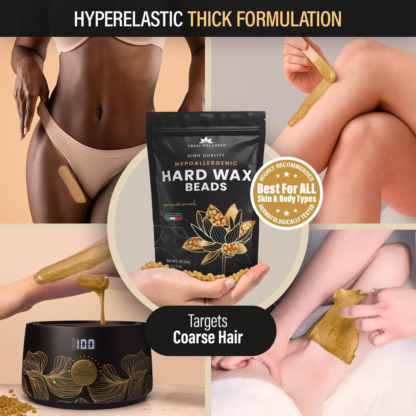 Tress Wellness Wax Beads - Dermatologically Tested - At-Home Kit for Bikini, Brazilian & Full Body - Unscented 2.2 lbs