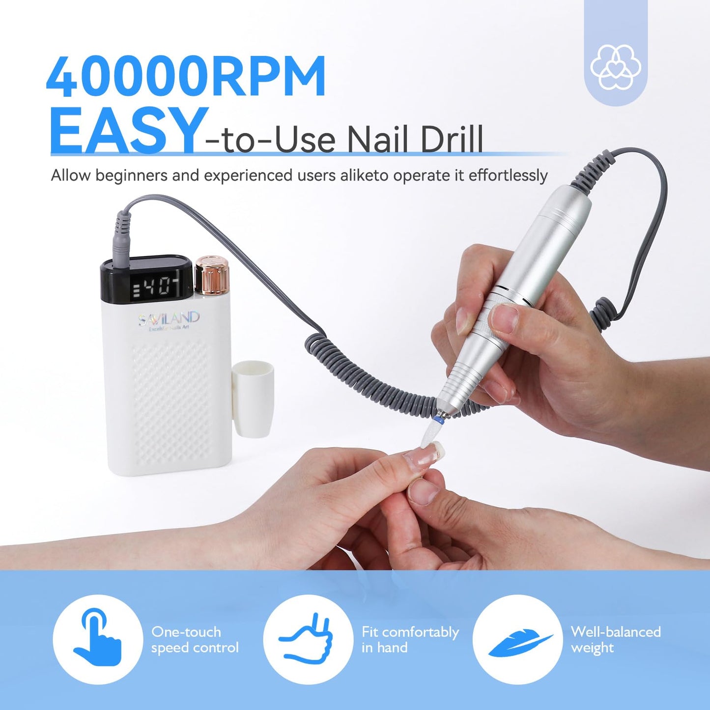 SAVILAND Nail Drill Professional: 40000RPM Nail Drill Machine, Faster Removel Any Acrylic Nails, Powerful & Anti Shaking for Nail Salon & Pedicure