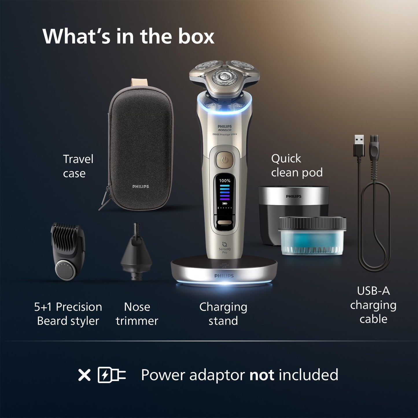 Philips Norelco Shaver i9000 Prestige Ultra, Wet & Dry Electric Shaver, White Gold, SenseIQ Pro Technology, Triple Lift & Cut System, 360 Rotating NanoTech Precision Blades, Beard Styler, XP9403/88