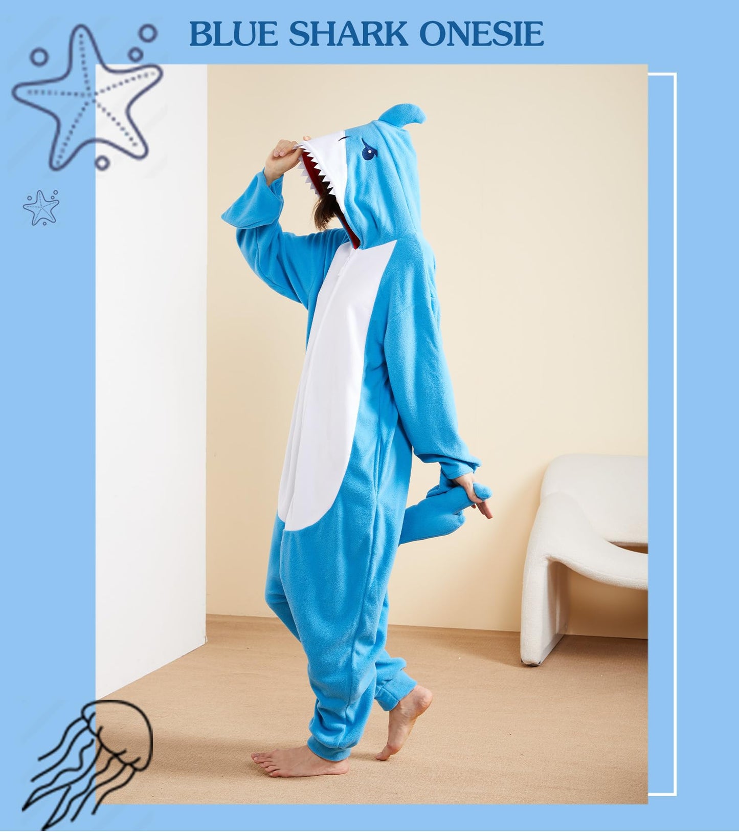 Focupaja Shark Pajamas Adult Animal Cosplay Costume One Piece Cartoon Homewear Sleepwear Onesie for Women Men Dark Blue XL