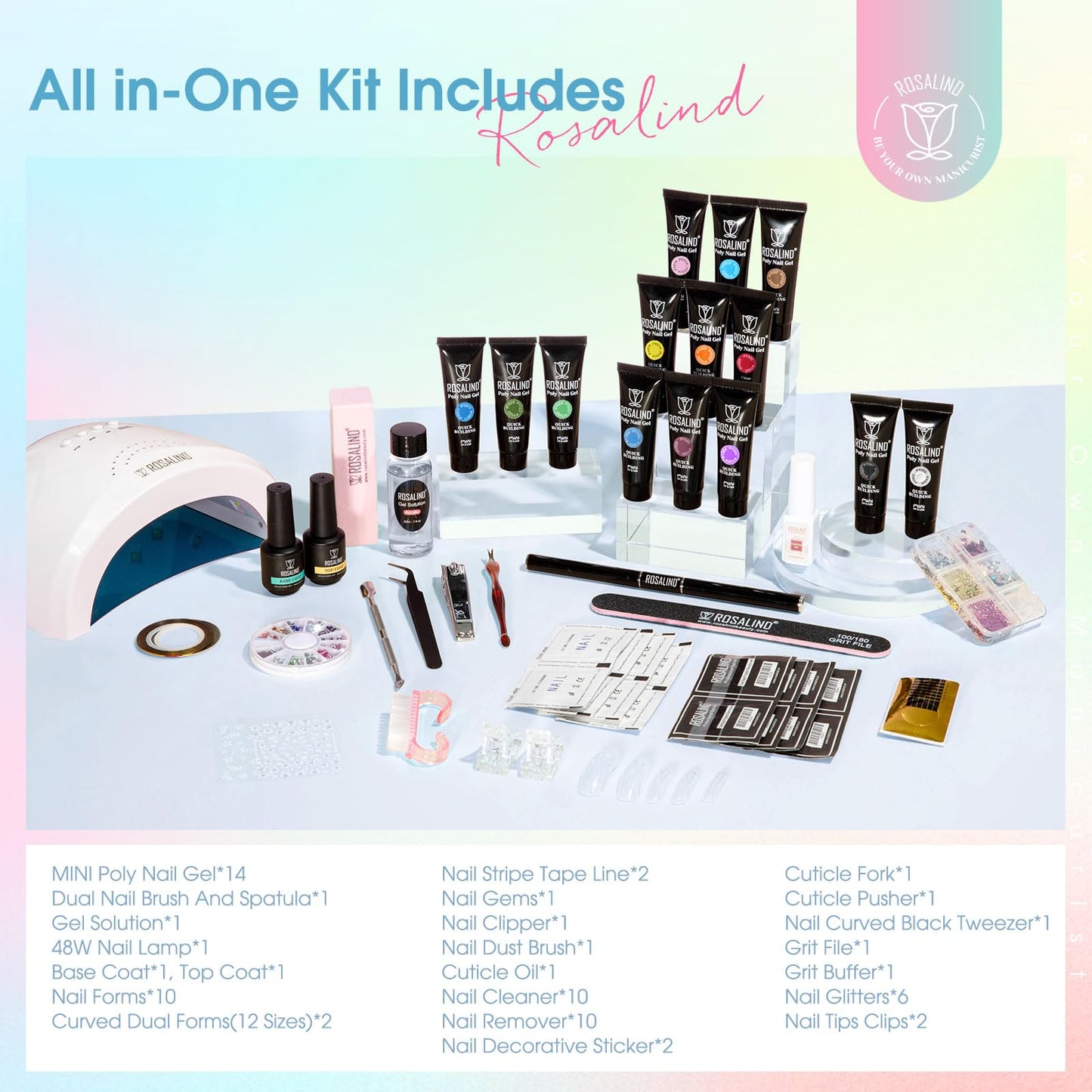 ROSALIND Poly Nail Gel Kit, 14 Colors Clear Nude Glitter Poly Nail Gels Kit with U V Light Poly Nails Gel Starter Kits For All Seasons Beginner DIY at Home