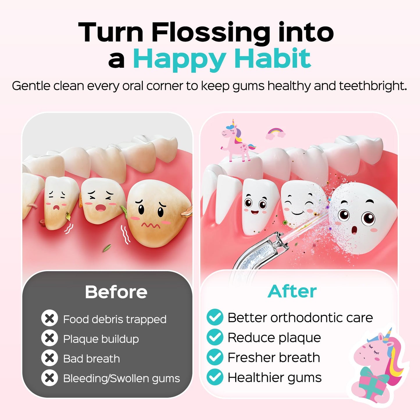 COSLUS T40 Portable Water Flosser for Kids: 4 Gentle Modes for Ages 6+, Braces & Sensitive Teeth - with Fun DIY Stickers, 4 Storable Nozzles, Mini Compact for Home School & Travel, BPA-Free, Pink
