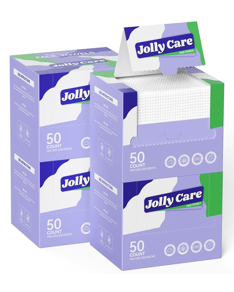 Jolly Care Disposable Face Towels, 10"×12" XL Face Towelette Disposable, Soft Makeup Remover Dry Wipes, Thick Facial Tissue for Women Cleansing, Skin Care, 50 Count (4 Pack)